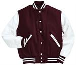 Maroon and White Letterman Jacket Style 108 with Genuine Leather Sleeves