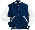 Navy and White Letterman Jacket with Leather Sleeves and Wool Body