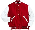 Scarlet Red and White Letterman Jacket Style 115 with Genuine Leather Sleeves