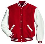 Red and White Varsity Jacket with Naugahyde Vinyl Sleeves