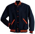 Black Varsity Jacket with Burnt Orange Trim and Wool Sleeves